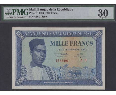 Banque de la Republique du Mali, 1000 Francs, 22 September 1960, serial number A30 174590, in PMG holder 30, very fine BNB B1