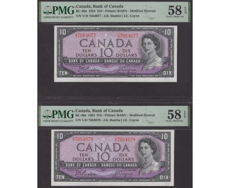 Bank of Canada, $10 (2), 1954, consecutive serial numbers V/D 76640777-78, Beattie and Coyne signatures, modified portrait ty