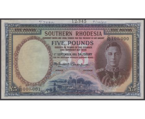 Southern Rhodesia Currency Board, printers archival specimen £5, 1 September 1951, serial number range C/20 000001 to C/20 10