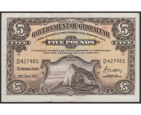 Government of Gibraltar, £5, 20 November 1971, serial number D427481, Hickling signature, small biro numeral on obverse, very