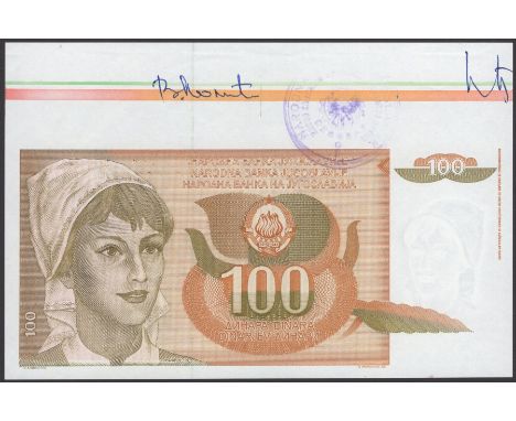 National Bank of Yugoslavia, proof 100 Dinara, 1 March 1990, with a handstamp and pair of manuscript signatures denoting auth