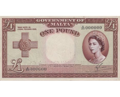Government of Malta, partially hand executed obverse essay on board for a £1, ND (1954), serial number A/20 000000, Cuschieri