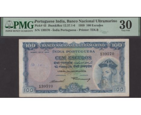 Banco Nacional Ultramarino, Portuguese India, 100 Escudos, 2 January 1959, serial number 139570, Abel Beja Corte Real signatu