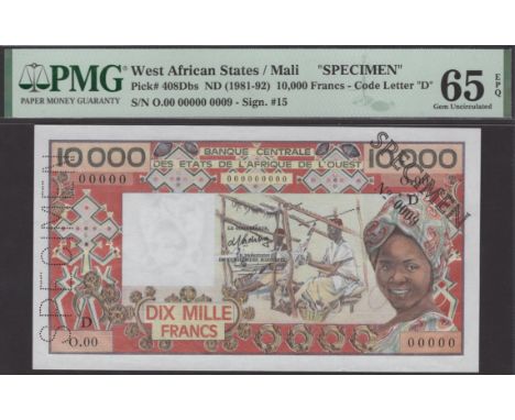 Banque Centrale des Etats de l’Afrique de l’Ouest, Mali, specimen 10000 Francs, ND (1981), code letter D, serial number O.00 