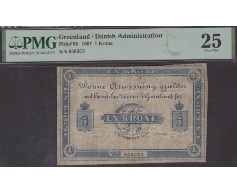 Greenland, Danish Administration, 1 Ore, 1897, serial number printed 050373, two manuscript signatures, in PMG holder 25, ver