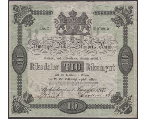 Sveriges Rikes Standers Bank, 10 Riksdaler, 3 January 1866, serial number C079910, two manuscript signatures, one small margi