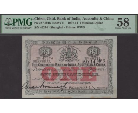 Chartered Bank of India, Australia & China, 1 Mexican Dollar, Shanghai, hand-stamped date 14 May 1913, serial number 40274, o