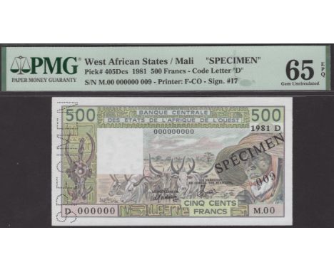 Banque Centrale des Etats de l’Afrique de l’Ouest, Mali, specimen 500 Francs, 1981, serial number M.00 000000, black SPECIMEN