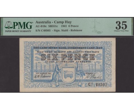 Hay Internment Camp, Australia, 6 Pence, 1 March 1941, serial number C 40503, manuscript signatures of Robinow and Stahl, in 
