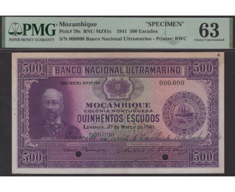 Banco Nacional Ultramarino, Mozambique, specimen 500 Escudos, 1 November 1941, serial number 000000, with note of approval, w