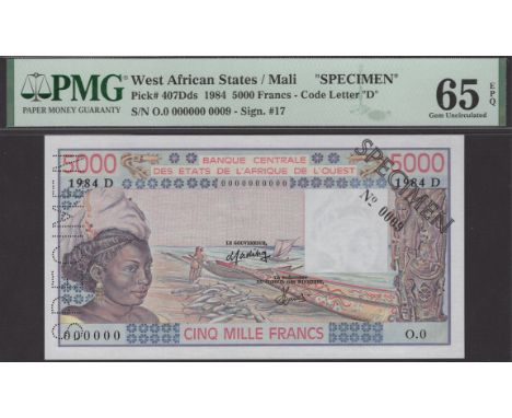 Banque Centrale des Etats de l’Afrique de l’Ouest, Mali, specimen 5000 Francs, 1984, serial number 0.0 000000, black SPECIMEN