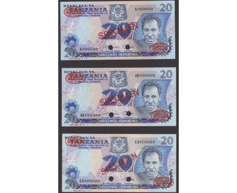 Bank of Tanzania, specimen 10 Shillings (2), 20 Shillings (2) and 100 Shillings (2), ND (1966-), prefixes BL, DC, BR, CG, L a