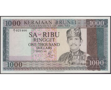 Government of Brunei, 1000 Ringgit, 1979, serial number A/1 021466, original paper, light handling and a soft central fold, o
