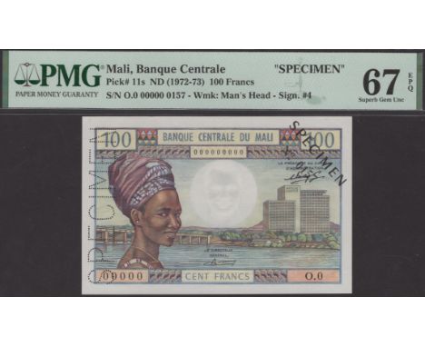 Banque Centrale du Mali, specimen 100 Francs, ND (1972), serial number 0.0 00000, overprinted and perforated SPECIMEN, in PMG