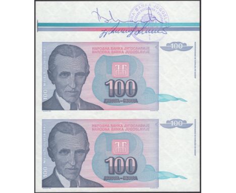National Bank of Yugoslavia, uncut pair of proofs for 100 Dinara, 1994, with a handstamp and two manuscript signatures denoti