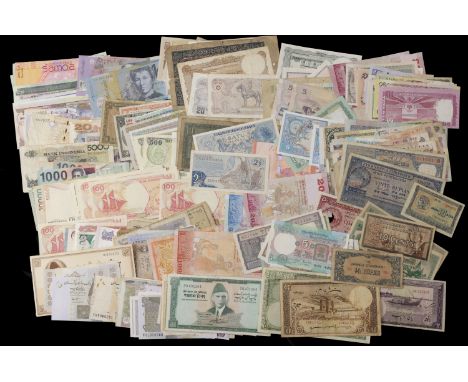 An Interesting Group of World Notes, Indonesia, Philippines, Japan, Korea, Bank of Tokyo travellers cheques, Tibet, Thailand,