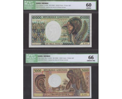 Republique Gabonaise, 5000 Francs, ND (1984), serial number H.001-035213, also 10000 Francs, ND (1984), serial number R.001 5