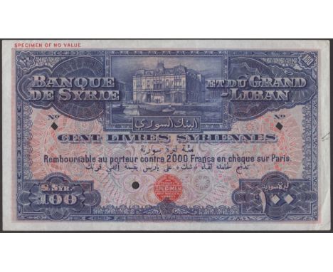 Banque de Syrie et du Grand-Liban, Syria, colour trial 100 Livres, ND (1935), no signatures or serial numbers, red Bradbury W