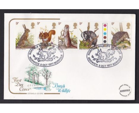 Great Britain - 1977 (5 Oct)  Wildlife traffic light gutter pair on Cotswold cover FDC, l/a.