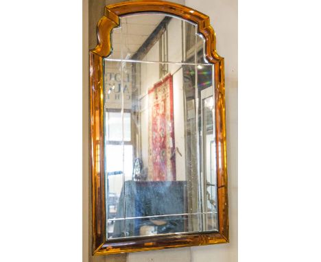 WALL MIRROR, Art Deco with divided etched plate and arched amber surround, 85cm H x 48cm W.