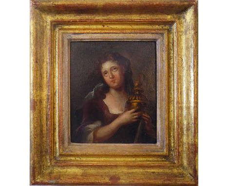 17th CENTURY SCHOOL 'Portrait of a Lady Holding an Urn', oil on board, 12.5cm x 11cm, framed.