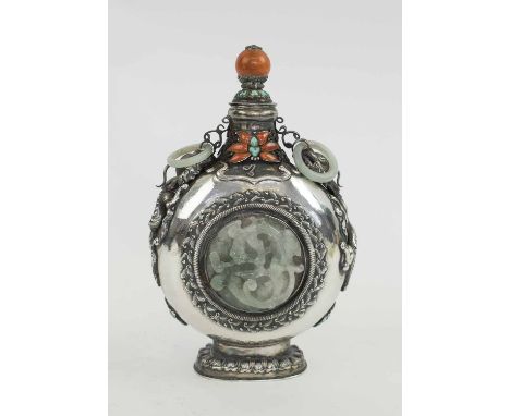 AN ANTIQUE TIBETAN OR CHINESE SILVER JADE AND CORAL PILGRIM FLASK, circa 1880.