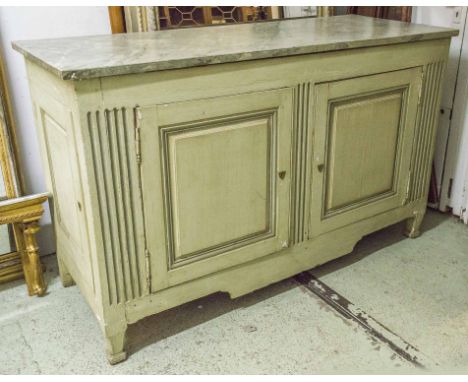 BUFFET, early 19th century French painted with hinged simulated marble top enclosing shallow storage above two doors and a fu