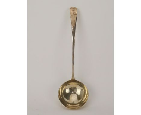 A Georgian III silver Old English pattern sauce ladle, London 1778, engraved with a dragon crest, 135g 