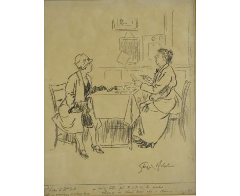 George&nbsp;Belcher (1875-1947) a cartoon of two women sat at a table, inscribed 'we'd better put R.I.P on the invites otherw