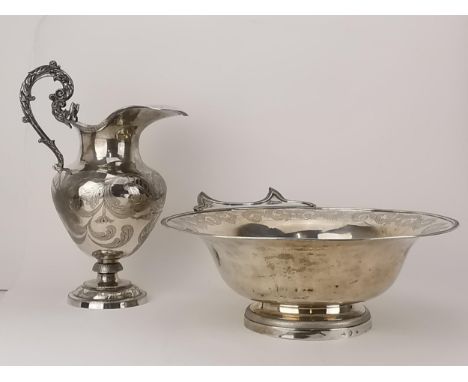 A 19th century Spanish silver wash bowl and matching pitcher, marked 49 R.Martos, Gonzales, with floral engraving and twin ho
