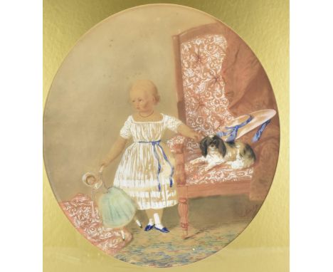 Eugene Battaille (1817-1880) a full length portrait of a young girl holding a doll, stroking King Charles Spaniel sat on a ch