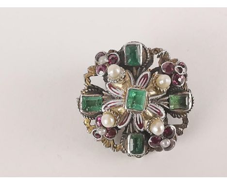 A late 19th/early 20th century Austro Hungarian  gilt white metal brooch with enamel work, set with pink and green coloured s