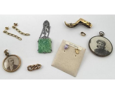 Mixed jewellery to include 9ct gold earrings, rolled gold open locket and a 15ct gold brooch frame together with floral Chine