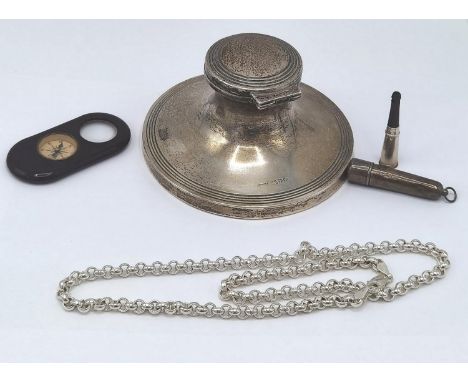 A silver captains inkwell together with a silver cased cheroot holder, silver trace chain necklace and a retro compass 