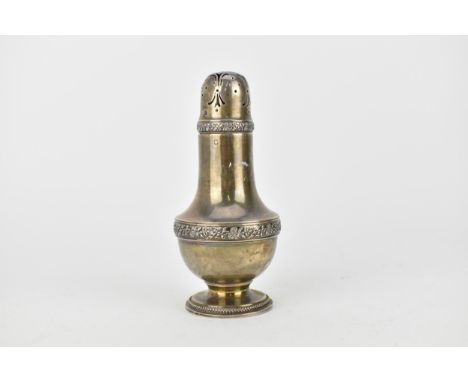 A 20th century French silver sugar caster, with bands of flowers, foliage and ribbons, on a splayed foot, stamped R &amp; B, 