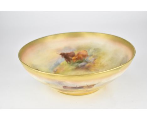 A Royal Worcester Harry Stinton bowl, decorated to the interior with three merging landscapes and Highland cattle, signed H S
