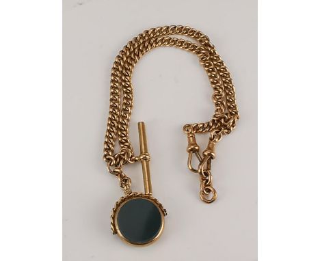 A late 19th/early 20th century 9ct gold curb link pocket watch chain and fob set with a blood stone, marked J.G and S 9ct, 24