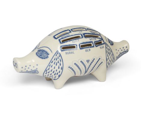 Grayson Perry CBE RA,British b.1960-Piggy bank;white ceramic with blue glazing, with rubber stopper underneath, with Grayson 