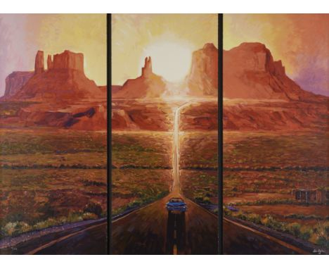 Bob Dylan,American b. 1941- Sunset in Monument Valley, a triptych;each panel contains layers of acrylic resin ink and brushst