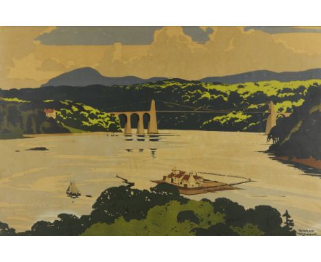 Norman Wilkinson,British 1878-1971, Menai Straits from the Tubular Bridge;lithograph in colours on wove, signed within print,