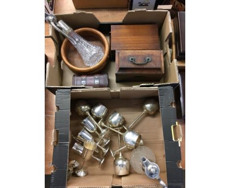 Two trays of assorted, to include decantors and a tea caddy etc.
