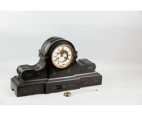 A Victorian black marble classical style mantel clock with malachite panels and chased gilt highlighted decoration, pendulum 