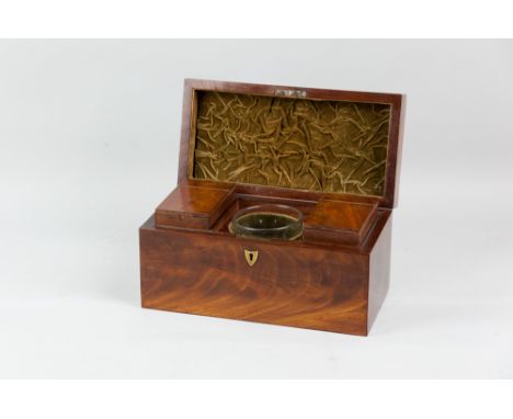 A Regency mahogany tea caddy with brass carrying handle and escutcheon, the re-lined velvet interior with twin lidded wooden 