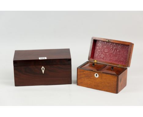 A Victorian mahogany tea caddy of simple form with bone escutcheon and twin lidded interior, 12 x 24 cms along with a smaller