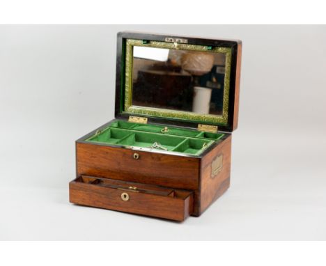 A 19th Century rosewood combination jewellery case and writing slope with inset brass carrying handles and inset top brass ca