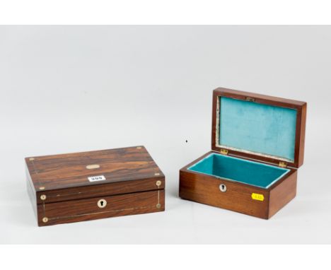 A mahogany line inlaid jewellery box with mother of pearl button and escutcheon decoration, 9 x 20 cms and a large rosewood e