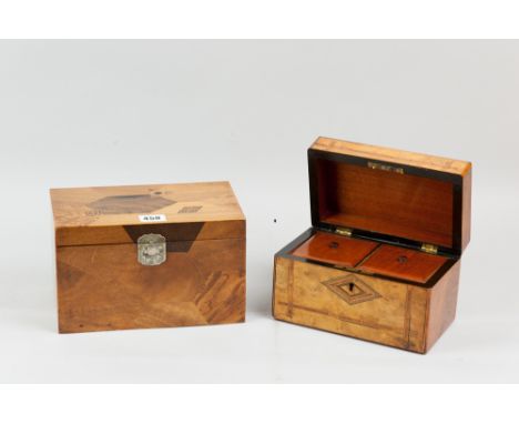 A late 19th Century multi-wood Oriental tea caddy, the whole veneered and inlaid in segmented form, the twin lidded interior 