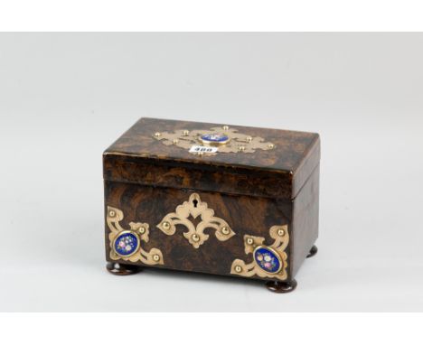 A good simulated walnut Victorian tea caddy with excellent Gothic style brass embellishments and central cabouchon floral dec