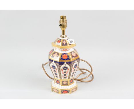 A Royal Crown Derby Imari patterned octagonal based table lamp of shaped form with a stepped octagonal neck, total height of 