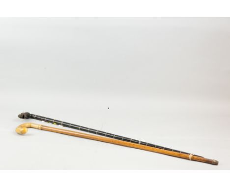 A multi-segmented horn walking stick with bone segment dividers, carved horn dragon's head handle with bone and ebony eyes, 8